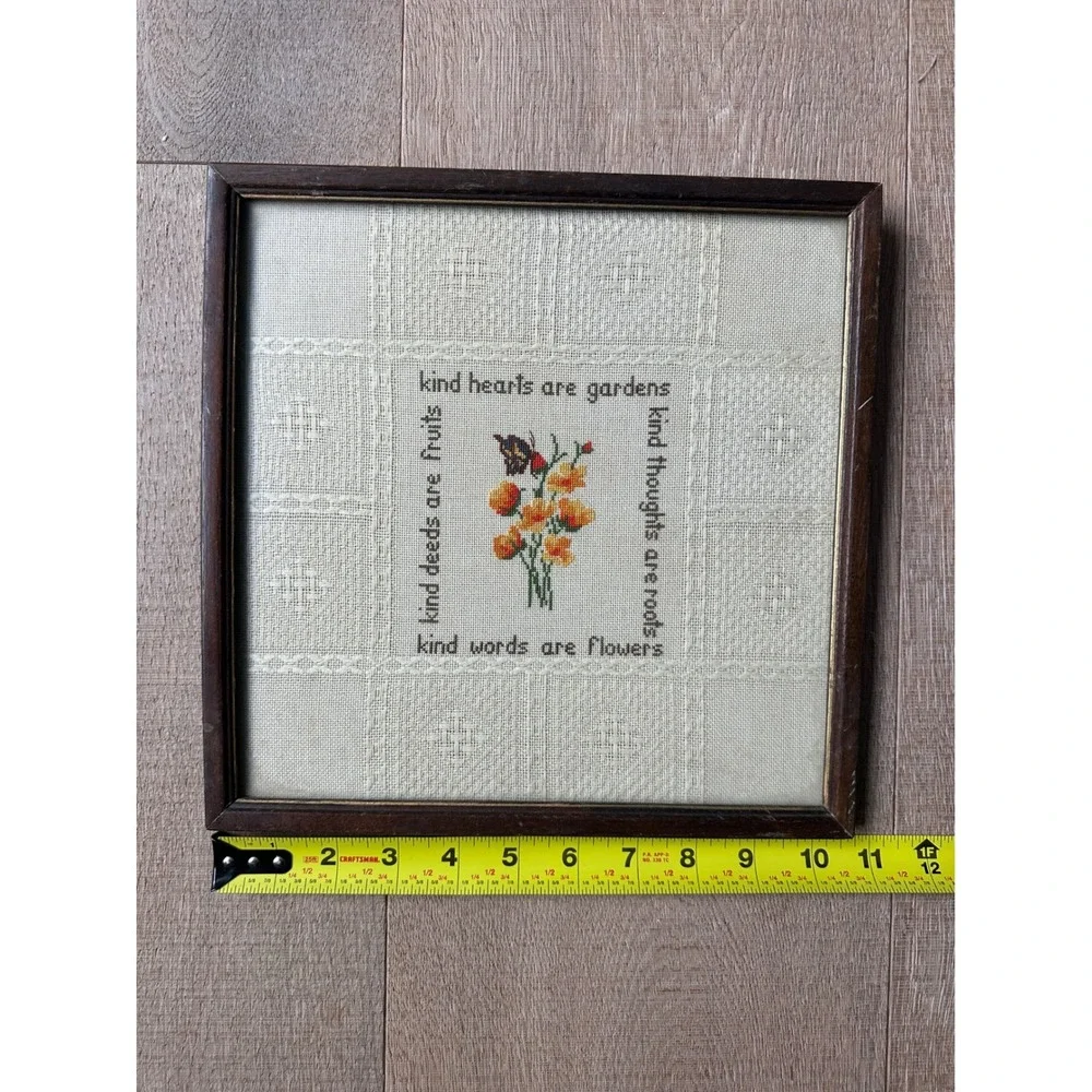 Vintage 70s Kind Hearts Are Gardens Framed Cross Stitch Embroidery Wall Art 11